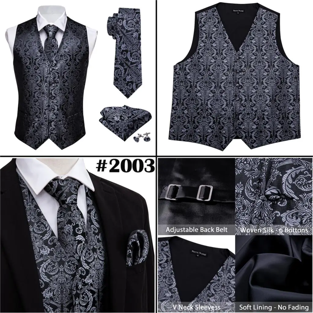 Designer Mens Roral Blue Paisley Jacquard Folral Silk Waistcoat Vests Handkerchief Tie Suit Vest Pocket Square Set Barry.Wang casual blazer for men