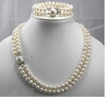 

Hot selling free shipping Unique Charming White Real Natural Pearl & Pearl Clasp Necklace & Bracelet 7-8mm