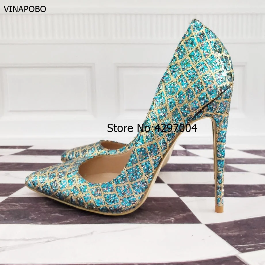 2018 New Pointed Toe Wedding Shoes Women Blue Gold Grid Bling Thin High Heels 8cm/10cm/12cm Genuine leather Shallow Party Pumps