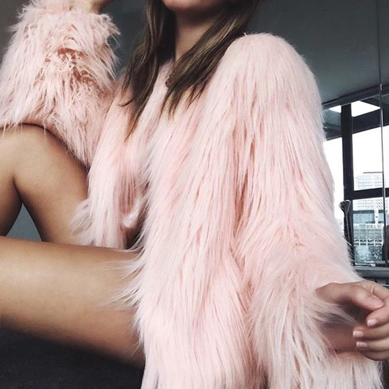 

2019 Furry Fur Coat Women Fluffy Warm Long Sleeve Female Outerwear Autumn Winter Ladies Coat Jacket Hairy Collarless Overcoat