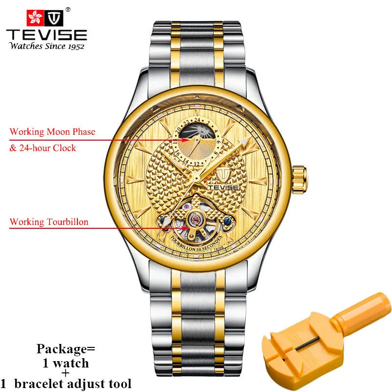 Tevise Топ бренд Moon Phase автоматические механические часы для мужчин s Tourbillon Скелет часы для мужчин нержавеющая сталь 24 часа часы T808B - Цвет: gold
