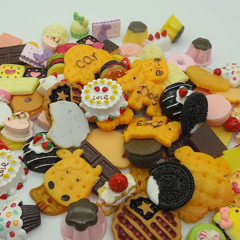 

50pcs/lot Flat back resin colorful chocolate animal cake biscuit cookies mix size Craft Cabochon For Hair Cellphone Decoration