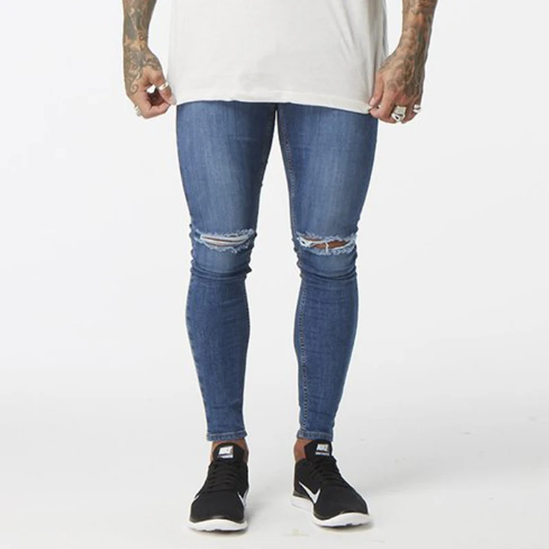 Mezclilla azul hasta la Rodilla Pantalones Vaqueros Rasgados Hombre Skinny Slim Fit Pant Apenada Hip Hop Envío de Caída del Mercado del Reino Unido Proveedor EE. zm06|super skinny|jeans menripped jeans