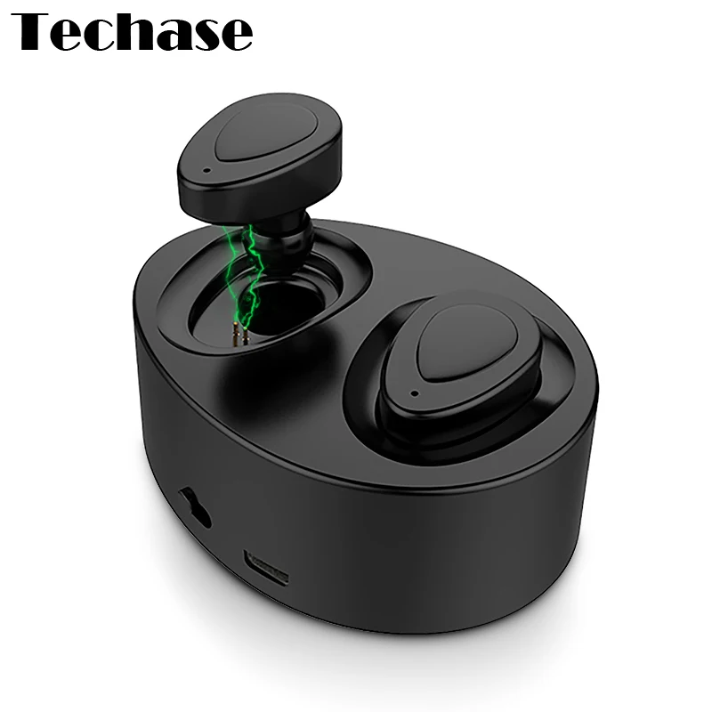 Techase Double Ear Bluetooth Headset In ear Wireless Sport Headphones Mini Earpads With Charging