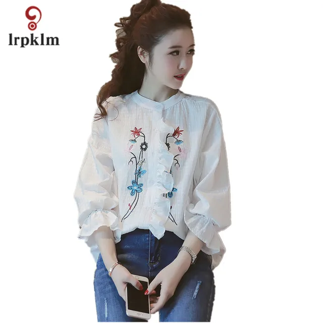 Katun Bordir Wanita Kemeja Engah Sembilan Quarter Lengan 