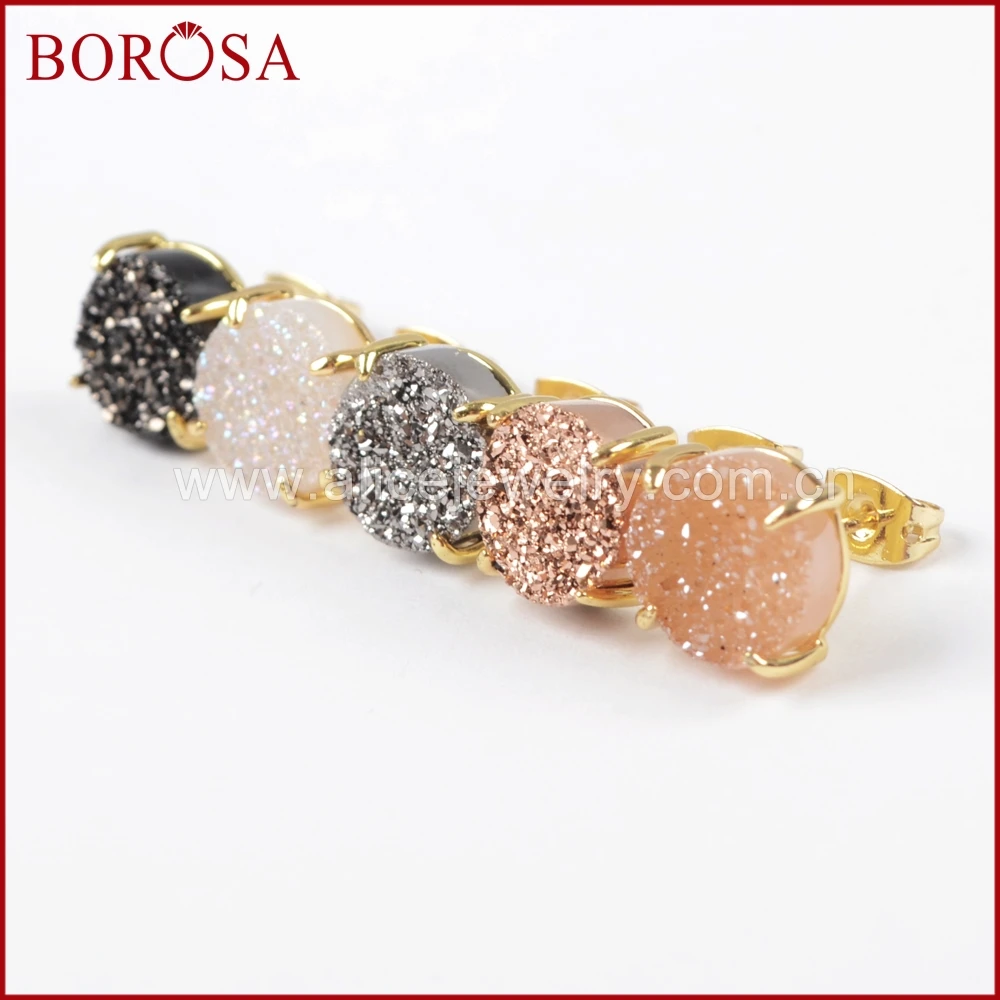 

BOROSA 5Pairs New Arrival Gold Clap Rainbow Druzy Stud Earrings for Women, Fashion Gold Color Mixed Drusy Earring Jewelry ZG0250