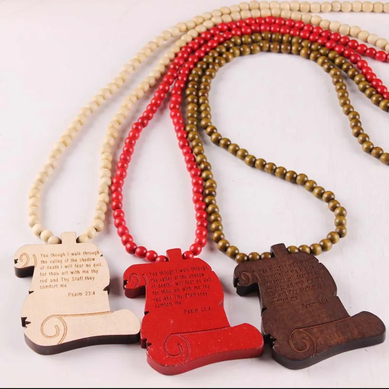 Bible Good Scroll Wood Hip Hop Wooden Necklace Rosary