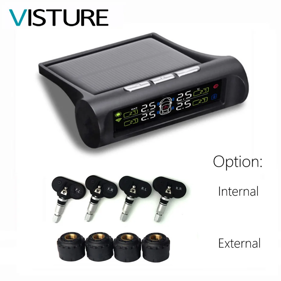 Solar TPMS Car Tire Pressure Alarm Monitor System Display 4 Internal / External Sensor Temperature Warning T06N T01W Visture