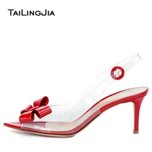 Босоножки на прозрачном каблуке с ремешком на пятке обувь с красным бантом г. женские летние прозрачные босоножки на высоком каблуке с открытым носком Белая обувь