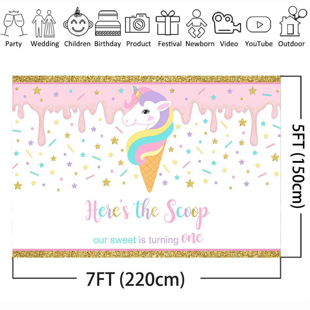 Neoback Sweet Baby One Birthday Party Photo Background Scoop Newborn Unicorn Backdrop Stars Golden Border Photo Studio