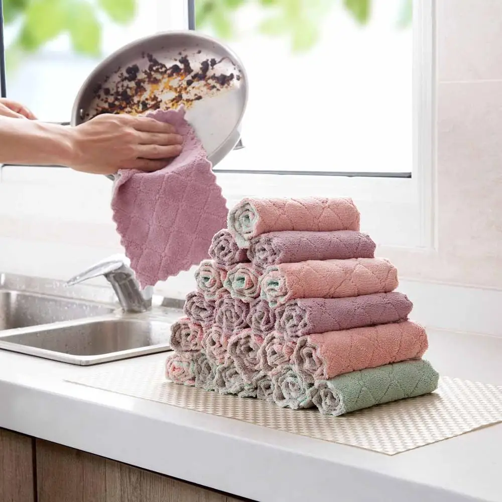 

10PCS Household Soft Thick Dish Towel Double Sided Microfiber Cleaning Cloth Absorbent Kitchen Dish Bowl Washing Cloth Rag