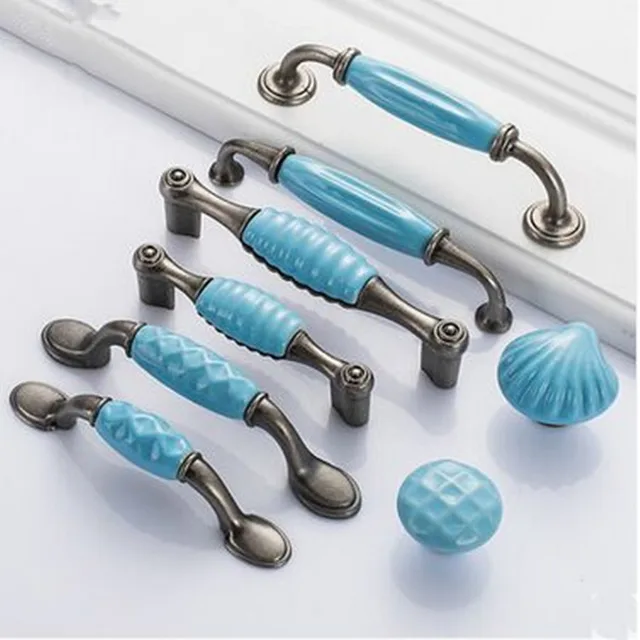 5 Blue Mediterranean Style Furniture Handles Antique Silver 5 Blue Mediterranean Style Furniture Handles Antique Silver Dresser Kitchen Cabinet Shell