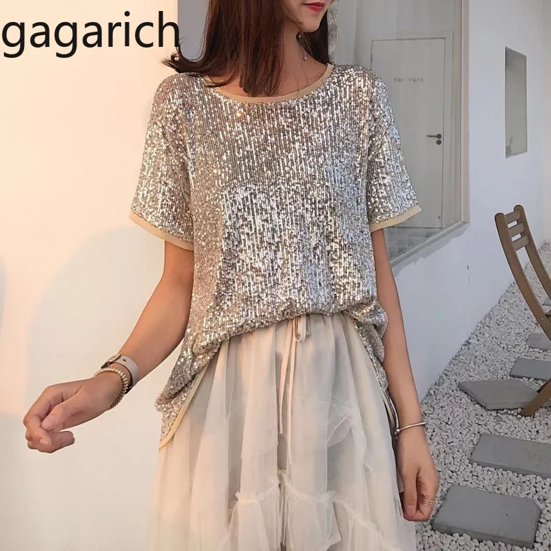 

Gagarich Women Fashion 2019 Medium T-shirt Sexy Bling Shiny Chiffon Stitching Short Sleeve T-shirt Female Top Wear