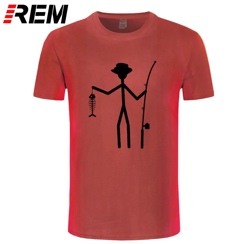Крутая забавная футболка мужские футболки высокого качества мужские рыбацкие палочки фигура держа рыбы кости хлопковые футболки с коротким рукавом - Цвет: red black