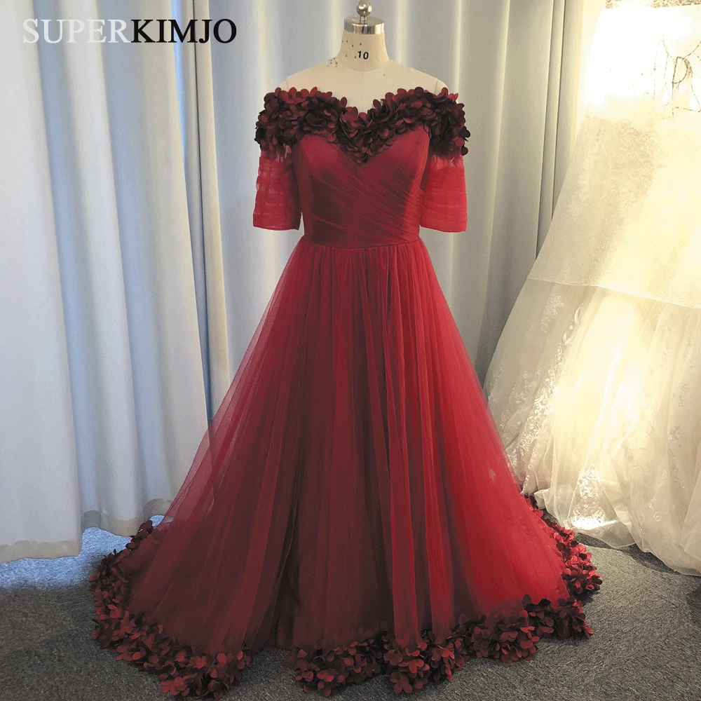 

SuperKimJo 3D Flowers Prom Dresses Long Burgundy Off the Shoulder Elegant Prom Gown Vestidos De Graduacion Largos 2019