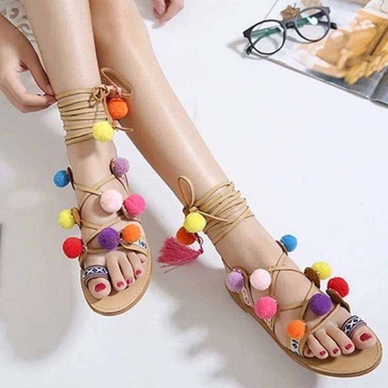 

2018 new bohemian sandals summer word fluffy bandage shoes students roma shoes flat shoes