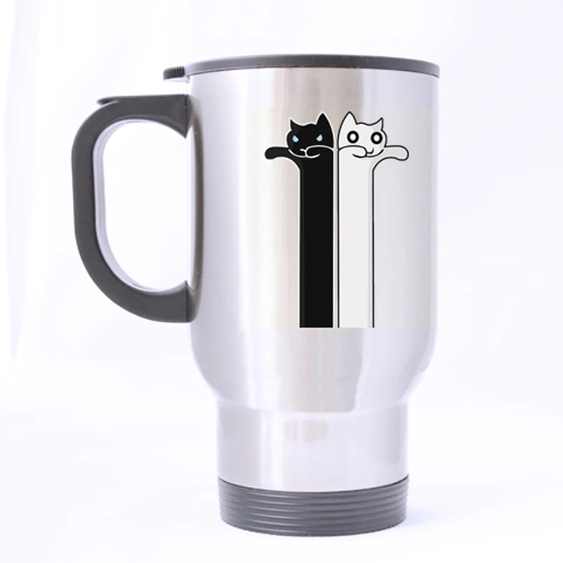 Cute White Black Cat Custom Design Silver Travel Mug Sports Bottle