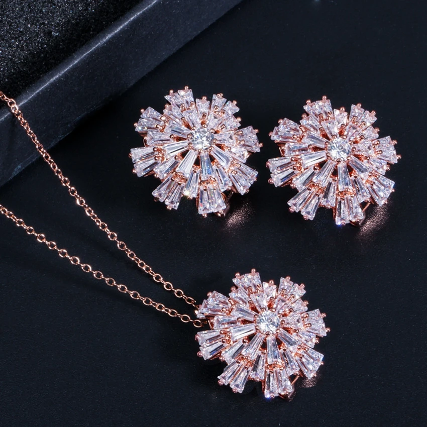 

Rose Gold/Silver Color Shiny Cubic Zirconia Flowers Earrings Pendants Necklaces Jewelry Sets for Women Trendy Pop Small Set