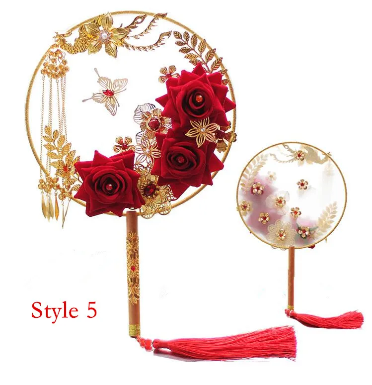 JaneVini элегантный китайский свадебный веер с ювелирными жемчужинами искусственный шелк картина из 3 частей Свадебный букет невесты Свадебные аксессуары - Цвет: Style 5
