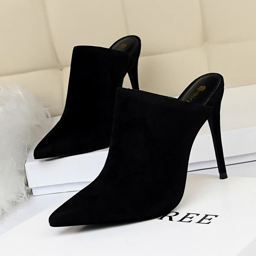 BIGTREE/шлепанцы; женские туфли на высоком каблуке; коллекция года; туфли с острым носком; пикантные женские туфли-лодочки; модные летние туфли на шпильке; zapatos de mujer - Цвет: Черный