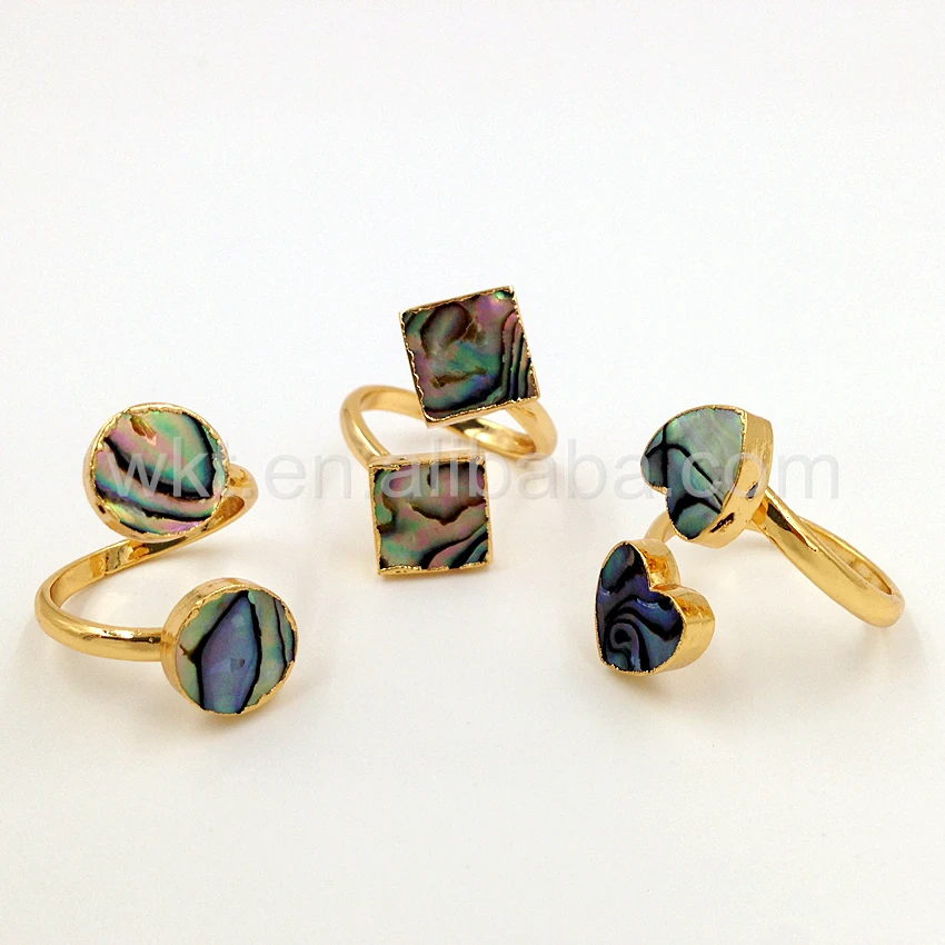 

WT-R241Charm shape Shell Rings for Women Gift natural abalone shell heart shape trinagle shell in gold trim fashion shell ring