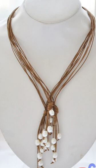 

FREE SHIPPINGWholesale 3pcs 20" white rice pearl coffee leather necklace