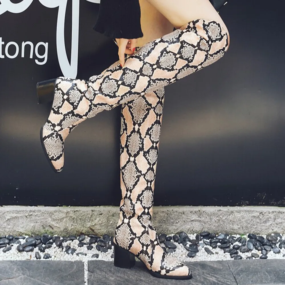 

2019 Women's Spring Autumn Boots Fashion Snake Pattern High Heel Shoes Retro Knight Boot Over-The-Knee Botas Mujer Invierno Hot