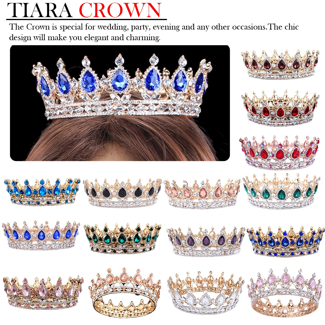 

Vintage Baroque Queen King Bride Tiara Crown For Women Headdress Prom Bridal Wedding Tiaras and Crowns Hair Jewelry Accessories