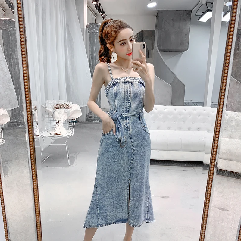Summer Spaghetti Strap Denim Dress Women 2019 Tide Sleeveless Jeans dress Long Sundress Streetwear Irregular Slit Dresses Belted