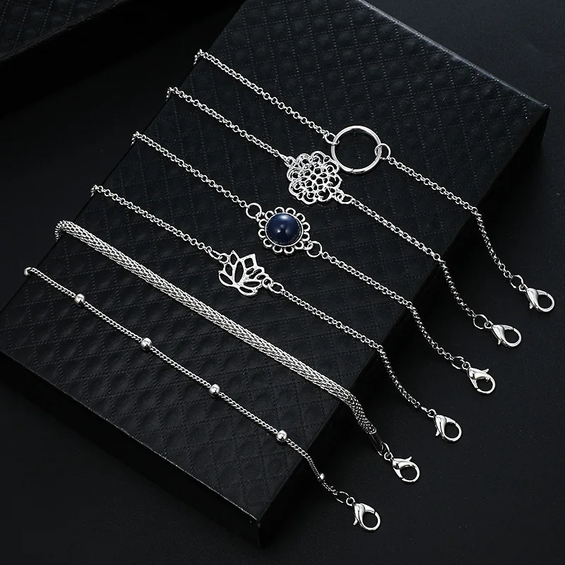 Богемный винтажный браслет с черным камнем, набор для женщин в форме листа лотоса, круглый цветок, Цветочный браслет-цепочка с бусинами и браслеты, модное ювелирное изделие