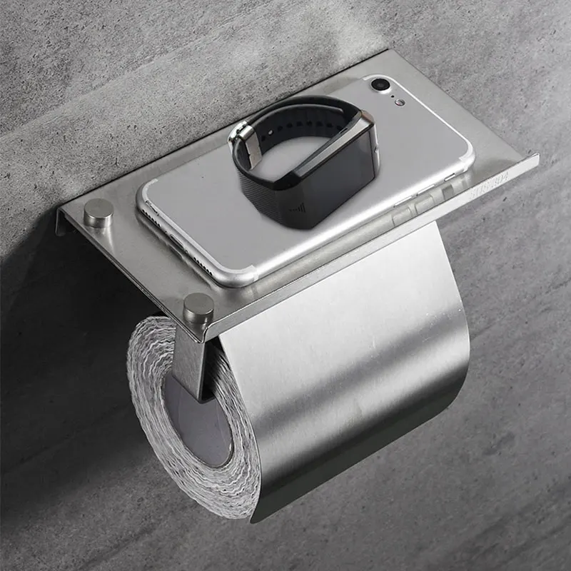 Toilet Paper Holder Toilet Paper Rack Toilet Roll Holder Toilet Paper Holder Wall Mounted Anti-Rust Stainless Steel Toilet Roll Holder with Phone Shelf for Bathroom & Kitchen