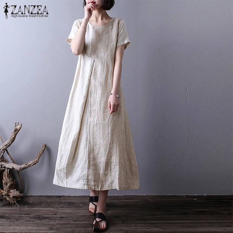 

ZANZEA 2019 Long A-Line Summer Dress Women Casual Elegant O Neck Short Sleeve Striped Patchwork Loose Work Office Vestido S 5XL