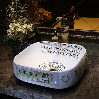 

Square Bathroom Ceramic Counter Top Wash Basin Cloakroom Hand Painted Vessel Sink bathroom sinks bathroom vessel sinks