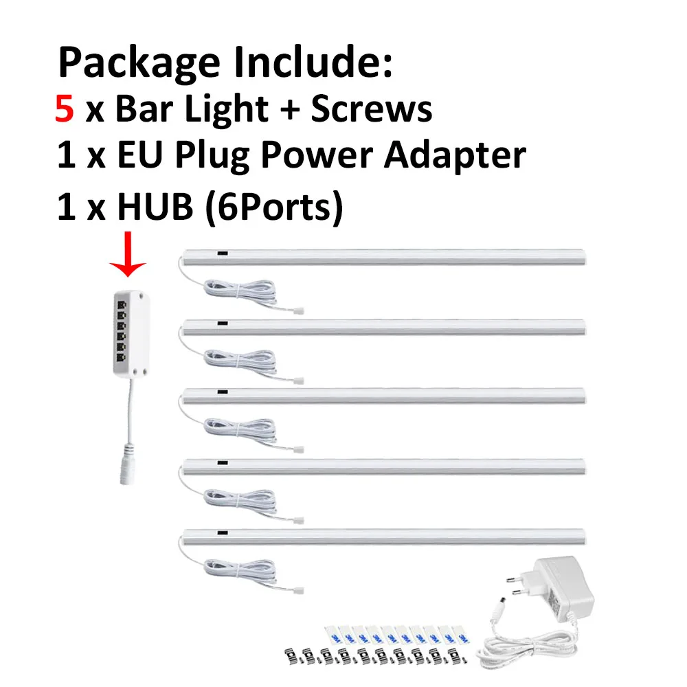 Рукой Сенсор Управление светодиодный фары 12V шкаф Кухня лампа аварийной лампы 30 см 40 см 50 см+ 220V Мощность адаптер штепсельная вилка европейского стандарта - Цвет: 5 PCS