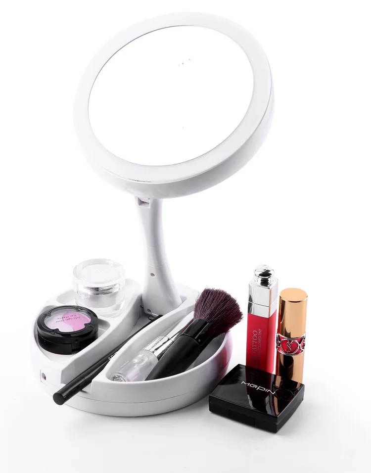 

LED Makeup Mirror Foldable Double-Sided Rotating 10X Magnifying Cosmetics Storage Desktop Tools