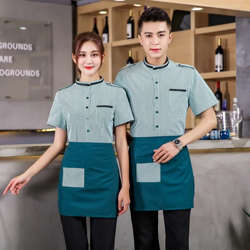 Hotel Waiter Uniform Short Sleeve Restaurant Waitress Uniform+ Apron Set Women Cafe Shop Work Cloth