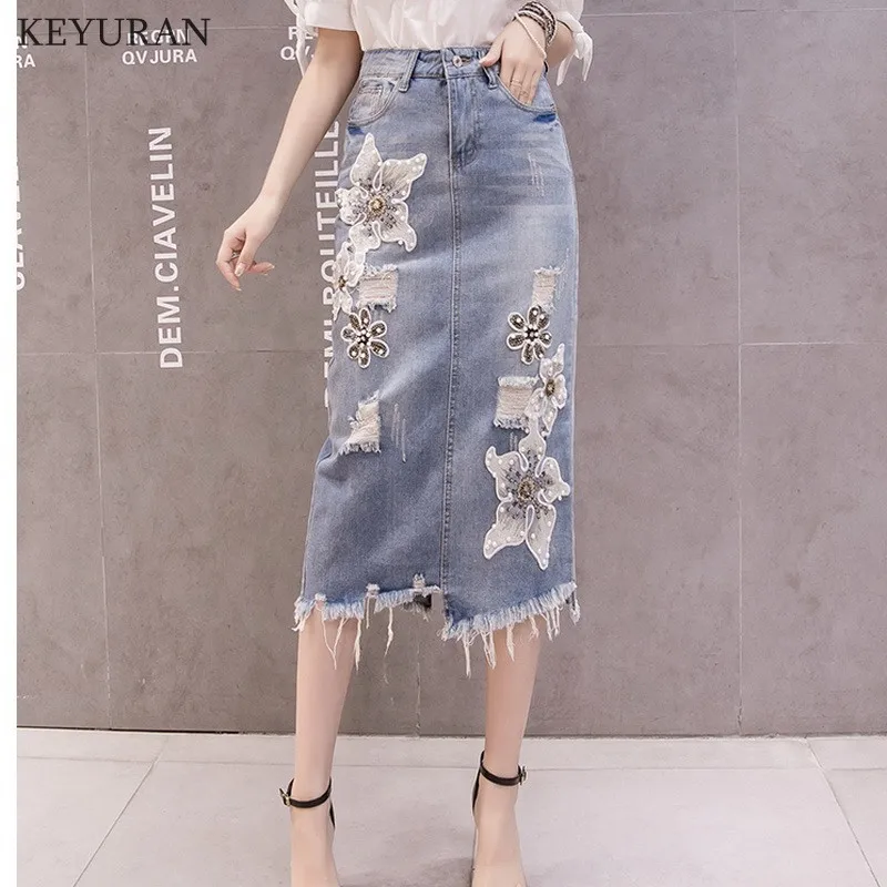

Summer Fall WomenHigh Waisted Beading Appliques Tassel Denim Skirt Female Woman Irregular Embroidery Ripped Hole Jeans Skirts