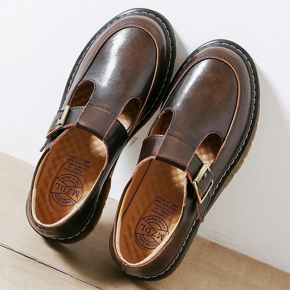 QPFJQD Mori Girl Japanese Style Genuine Split Leather Women Round Toe T Strap Office Lady Casual Sweet Shoes Platform Oxfords