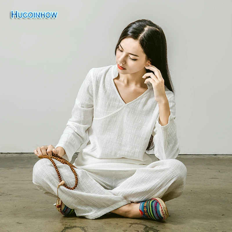

HUCOINHOW Women Tai Chi Clothing Double-layer Organic Cotton Long-sleeved Yoga Suit Loose Meditation Suits Ms. Lay Suits