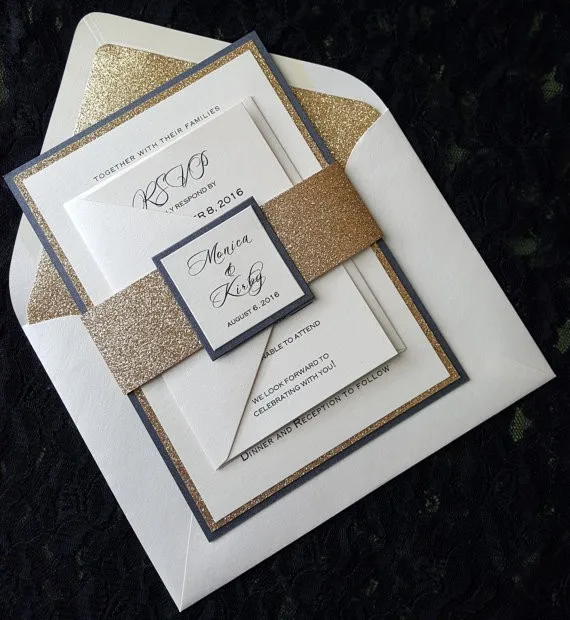 Excellent Bespoke Gold or Silver Glittering Wedding Invitations with RSVP 2 Excellent Bespoke Gold or Silver Glittering Wedding Invitations with RSVP 2