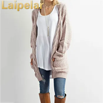 

Laipelar Casual Long Sleeve Knitted Cardigan Autumn Women Long Sweater Open Stitch Solid Pocket Sweater Female Cardigan Sweaters