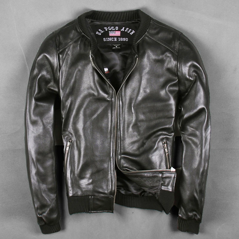 

Men's Thick Cowhide Genuine Leather Jackets Slim Fitting Black Baseball Jacket 2XL 3XL Male Motorcycle Jackets FREE SHIPPING