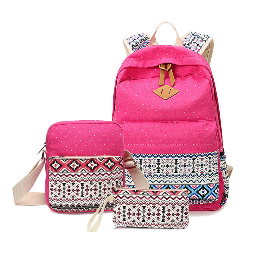 hot pink dots canvas backpack Girls School Bags for Teenagers Schoolbag