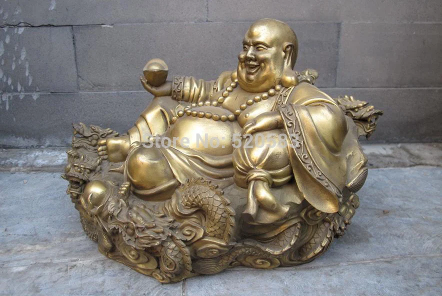 China Buddhism Classic Pure Brass Money bag 9 Dragon Maitreya Buddha