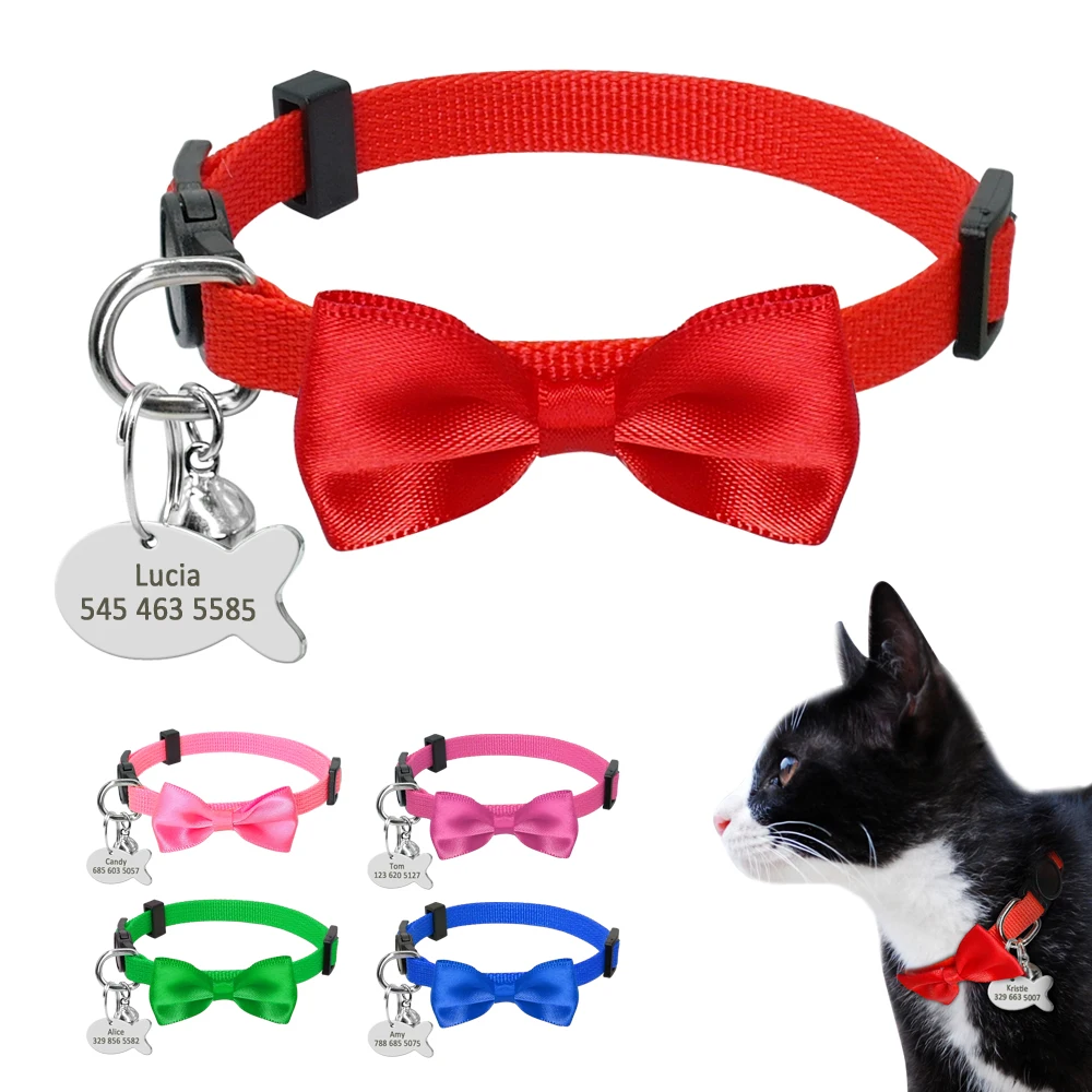 Personalized Nylon Cat Collar Quick Release Customized Cat Collars With Bowknot Pet Engraved ID Tag Kitten Collars Personalized Nylon Cat Collar Quick Release Customized Cat Collars With Bowknot Pet Engraved ID Tag Kitten Collars