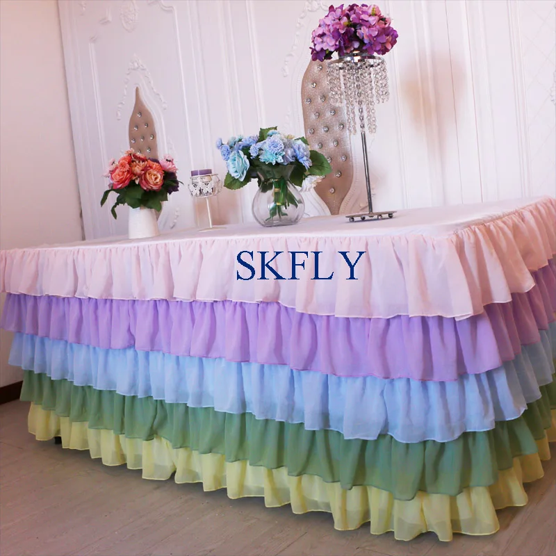 SK008A Великолепная изготовленная на заказ новая нарядная Свадебная гофрированная пастельная Радуга шифоновая настольная юбка с липучкой