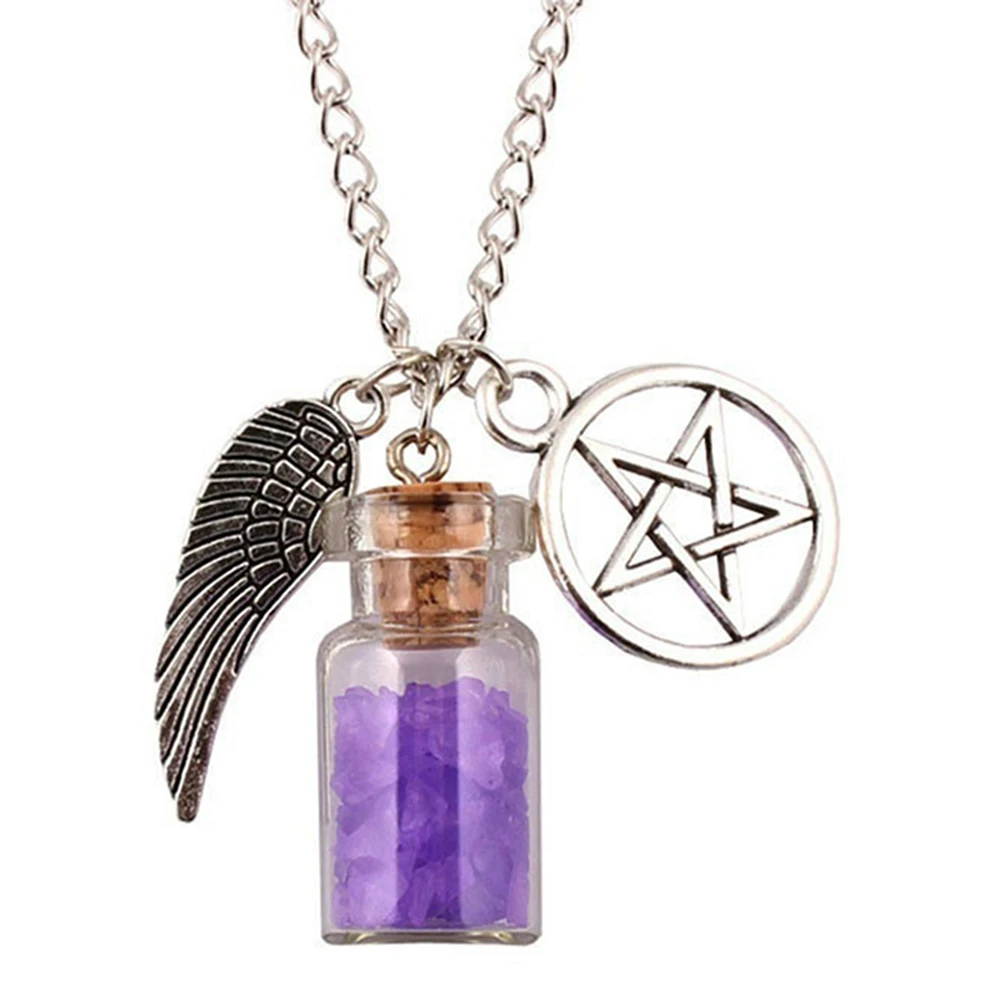 

Angel Wing Pentagram Rock Salt Wishing Bottle Pendant Amulet Necklace Gift