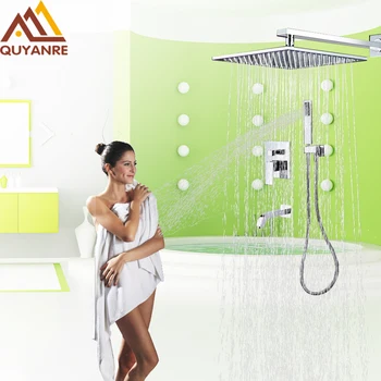 

Wall Mount Concealed Shower Set Faucets Square Chrome Rainfall Shower Head Faucet With HandHeld Shower Sprayer Mixer Tap
