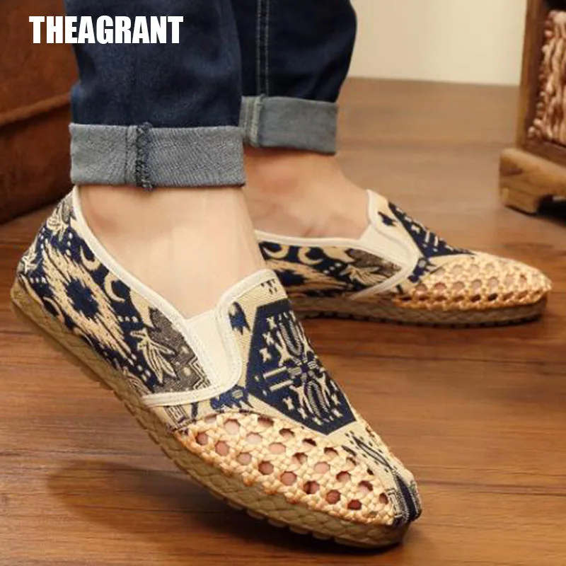 

THEAGRANT 2019 Summer Men Flat Shoes Traditional Style Cut Out Loafers Breathable Slip On National Hemp Casual Shoes Man MFS3032