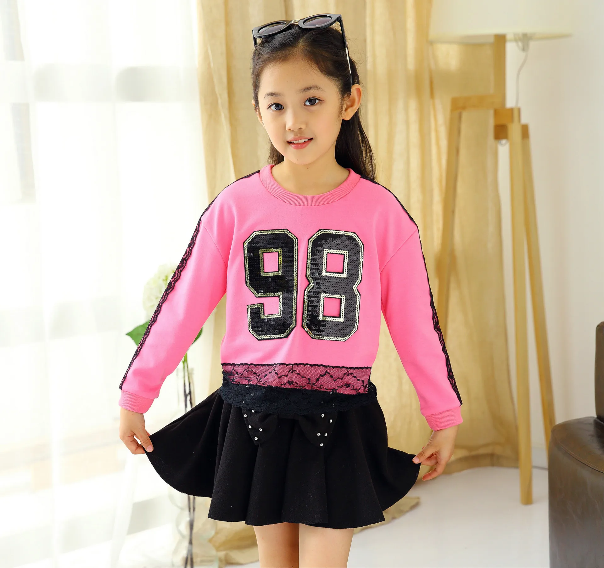 

Spring Autumn Clothing New Girls Shirt Children Long Sleeved T-Shirt Lace Pink Grey Rose Red